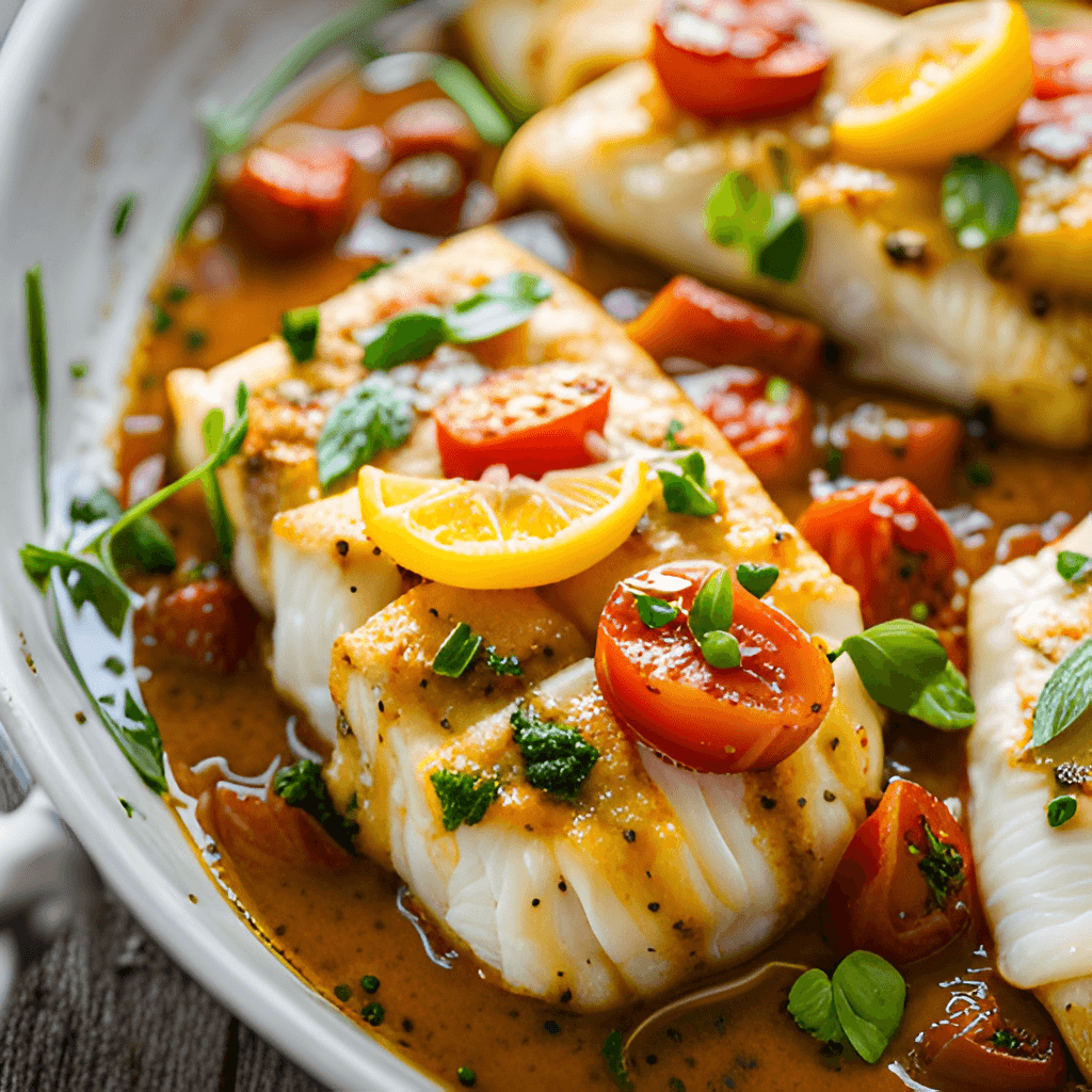 Cover Image for Cabillaud Doré à la Poêle, Nappé d’une Délicieuse Sauce Tomate , Basilic